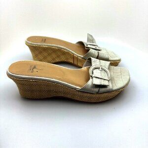 Stuart Weitzman 8.5 M Wedge Sandals Raffia Croc Embossed Leather Shoes Heels